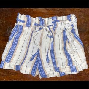 Blue and tan stripped paper bag shorts